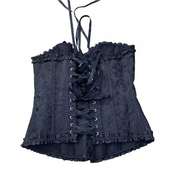 Black Zip Corset Womens Small Damask Floral Black Lace Cinch Zip Goth Fairy S - Picture 3 of 16
